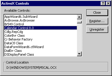 ActiveX Controls dialog