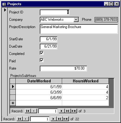 The form below displays the phone number of the client beside the combo box when a client is chosen. 