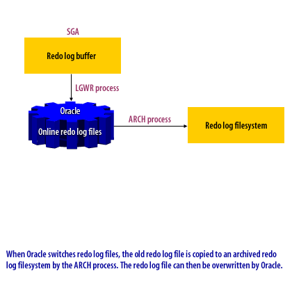 2) When Oracle switches redo log files, the old redo log file is copied to an archived redo log filesystem by the ARCH process.